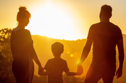 Family holding hands in sunset